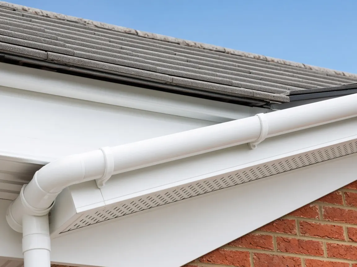 Close-up of new white uPVC fascia, soffit and half-round gutter with downpipe